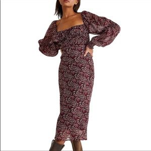 Free People Aglow Midi Dress In Chocolate Floral Print Puff Sleeves New XS